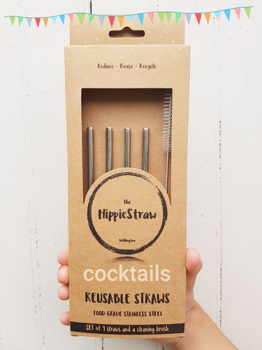 Cocktail Straws Stainless Steel: Pack of 4 plus Cleaning Brush