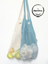 Load image into Gallery viewer, Large String 100% Cotton Bag with Long Handle (Natural &amp; Ocean Blue)